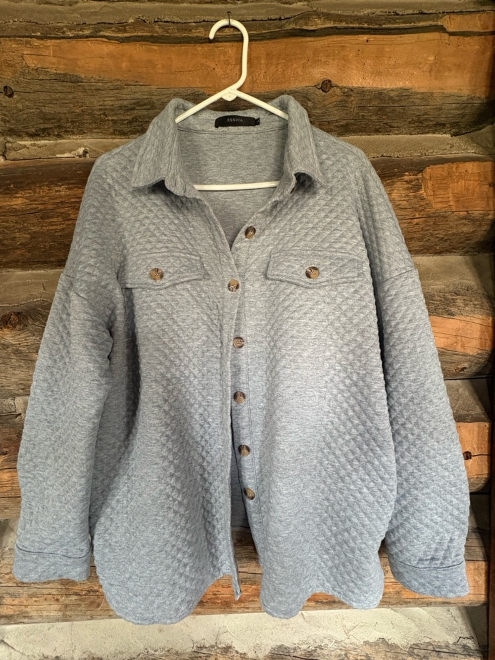 Oversized Quilted Shacket - Light Gray Button-Up